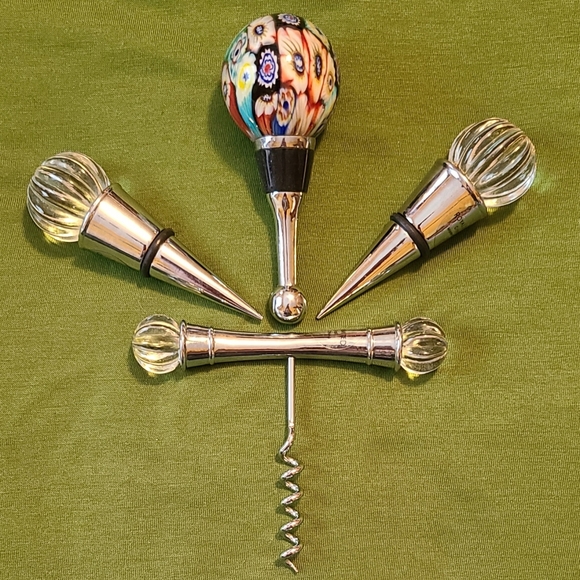 Royal Limited Crystal Barware 3 Bottle Stopper Cork 1 Corkscrew Millifiore - Picture 1 of 5